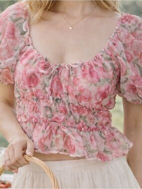Joie Sheer Floral Pink Puff Sleeve Peplum Top size S